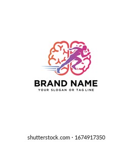brain design logo and human running vector template
