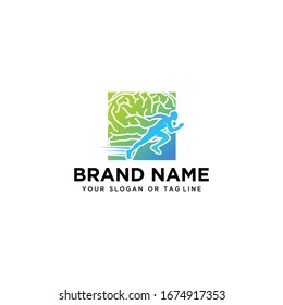 brain design logo and human running vector template