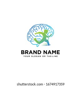 brain design logo and human running vector template
