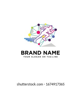 brain design logo and human running vector template
