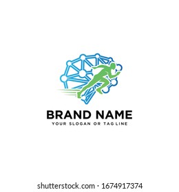 brain design logo and human running vector template