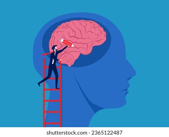 Brain development. A businessman uses a pencil to draw jagged lines in the brain