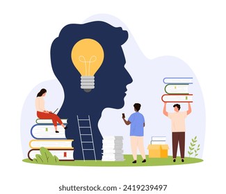 Brain development and growth with knowledge, focus on learning. Tiny people holding books to help to bright light bulb create ideas inside abstract silhouette of male head cartoon vector illustration