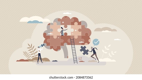 Brain development or teamwork performance with brainstorm process tiny person concept. Psychological intelligence or knowledge growth with education or effective skill improvement vector illustration.