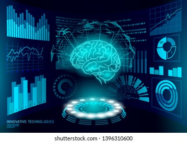 Brain diagnostic treatment low poly 3D HUD. Drug nootropic stimulant smart display. Medicine cognitive rehabilitation in Alzheimer disease and dementia doctor online vector illustration