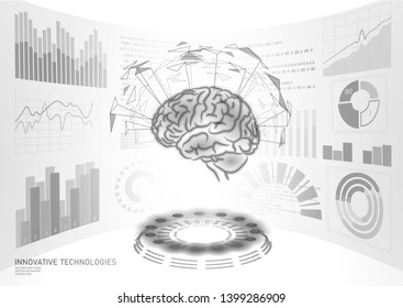 Brain diagnostic treatment low poly 3D HUD. Drug nootropic stimulant smart display. Medicine cognitive rehabilitation in Alzheimer disease and dementia doctor online vector illustration