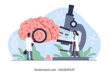 Diagnóstico e investigación cerebral, los médicos examinan y consultan, analizan la función cerebral. Neurología y psicología. Alzheimer y enfermedad de demencia. Concepto de vector aislado plano de dibujos animados
