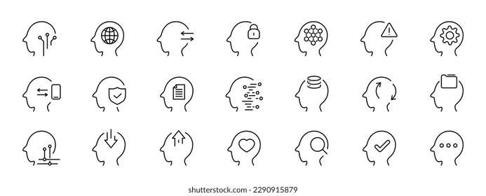Iconos de línea diferentes de cerebro establecen la ilustración. Cerebro, creatividad, concepto de idea