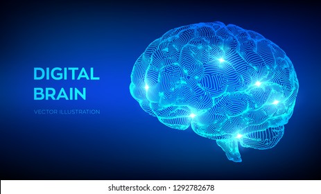 Brain. Digital brain. 3D Science and Technology concept. Neural network. IQ testing, artificial intelligence virtual emulation science technology. Brainstorm think idea. Vector illustration.