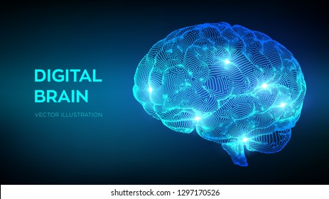 Brain. Digital Brain. 3D Science And Technology Concept. Neural Network. IQ Testing, Artificial Intelligence Virtual Emulation Science Technology. Brainstorm Think Idea. Vector Illustration.