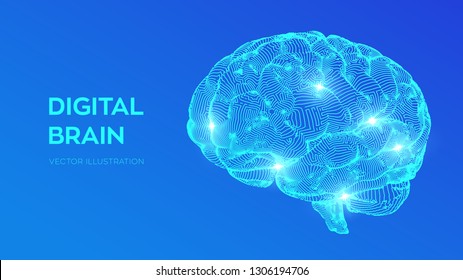 Brain. Digital brain. 3D Science and Technology concept. Neural network. IQ testing, artificial intelligence virtual emulation science technology. Brainstorm think idea. Vector illustration.