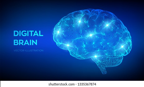 Brain. Digital brain. 3D Science and Technology concept. Neural network. IQ testing, artificial intelligence virtual emulation science technology. Brainstorm think idea. Vector illustration.