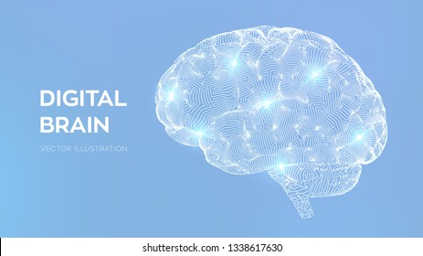 Brain. Digital brain. 3D Science and Technology concept. Neural network. IQ testing, artificial intelligence virtual emulation science technology. Brainstorm think idea. Vector illustration.