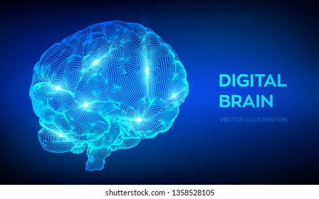 Brain. Digital brain. 3D Science and Technology concept. Neural network. IQ testing, artificial intelligence virtual emulation science technology. Brainstorm think idea. Vector illustration.