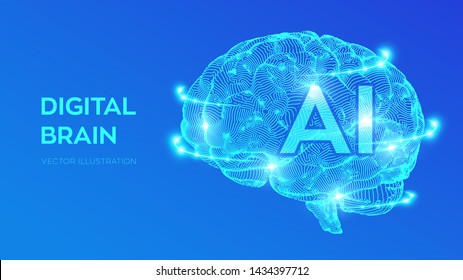 Brain. Digital brain. 3D Science and Technology concept. Neural network. IQ testing, artificial intelligence virtual emulation science technology. Brainstorm think idea. Vector illustration.