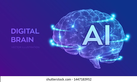 Brain. Digital brain. 3D Science and Technology concept. Neural network. IQ testing, artificial intelligence virtual emulation science technology. Brainstorm think idea. Vector illustration.