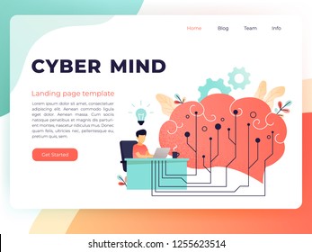 Brain with digital circuit and man with laptop. Machine learning, artificial intelligence, digital brain and artificial thinking process concept, living coral palette. Vector landing page template.