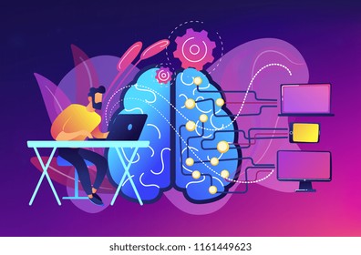 Brain with digital circuit and programmer with laptop. Machine learning, artificial intelligence, digital brain and artificial thinking process concept, violet palette. Vector isolated illustration. Brain with digital circuit and programmer with laptop. Machine learning, artificial intelligence, digital brain and artificial thinking process concept, violet palette. Vector isolated illustration.