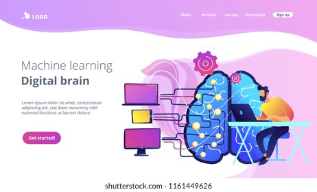 Brain with digital circuit and programmer with laptop. Machine learning, artificial intelligence, digital brain and artificial thinking process concept, violet palette. Vector landing page.