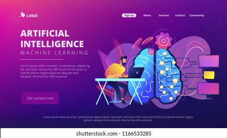 Brain with digital circuit and programmer with laptop. Machine learning, artificial intelligence, digital brain and artificial thinking process concept, violet palette. Vector landing page.