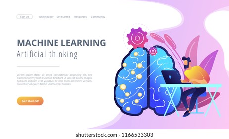 Brain with digital circuit and programmer with laptop. Machine learning, artificial intelligence, digital brain and artificial thinking process concept, violet palette. Vector landing page.