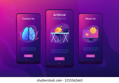 Brain with digital circuit and programmer with laptop. Machine learning, artificial intelligence, digital brain and artificial thinking process concept, violet palette. App interface template.