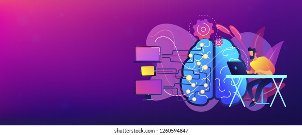 Brain with digital circuit and programmer with laptop. Machine learning, artificial intelligence, digital brain and artificial thinking process concept, violet palette. Header banner.