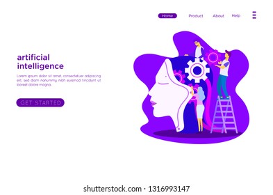 	
Brain with digital circuit and programmer with laptop. Machine learning, artificial intelligence, digital brain and artificial thinking process concept, violet palette. Vector landing page.