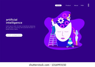 	
Brain with digital circuit and programmer with laptop. Machine learning, artificial intelligence, digital brain and artificial thinking process concept, violet palette. Vector landing page.