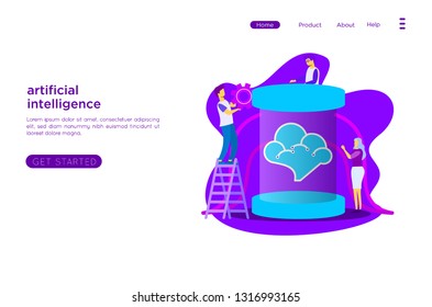 	
Brain with digital circuit and programmer with laptop. Machine learning, artificial intelligence, digital brain and artificial thinking process concept, violet palette. Vector landing page.