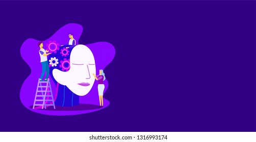 	
Brain with digital circuit and programmer with laptop. Machine learning, artificial intelligence, digital brain and artificial thinking process concept, violet palette. Vector landing page.