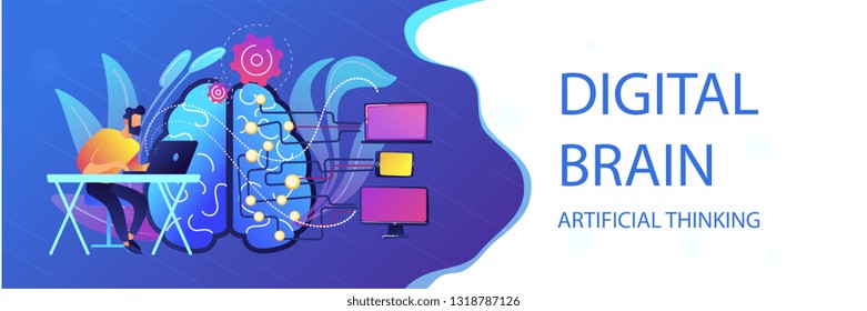 Brain with digital circuit and programmer with laptop. Machine learning, artificial intelligence, digital brain and artificial thinking process concept, violet palette. Header banner.