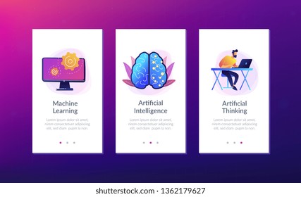 Brain with digital circuit and programmer with laptop. Machine learning, artificial intelligence, digital brain and artificial thinking process concept, violet palette. App interface template.