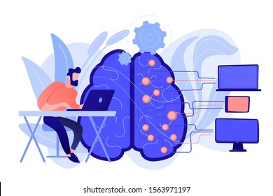 Brain with digital circuit and programmer with laptop. Machine learning, artificial intelligence, digital brain and artificial thinking process concept. Vector isolated illustration.