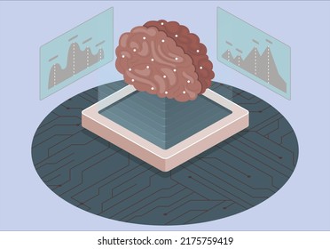 Brain with digital circuit with screen . Machine learning, artificial intelligence, digital brain and artificial thinking process concept. humanoid brain with neural network thinks. AI cyber mind.