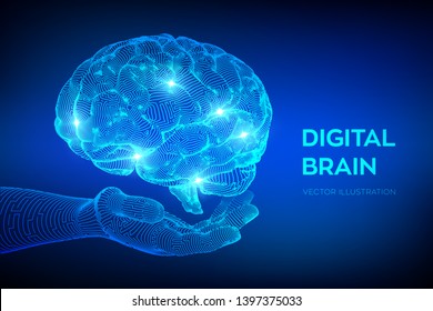 Brain. Digital brain in hand. 3D Science and Technology concept. Neural network. IQ testing, artificial intelligence virtual emulation science technology. Brainstorm think idea. Vector illustration.