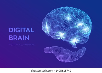 Brain. Digital brain in hand. 3D Science and Technology concept. Neural network. IQ testing, artificial intelligence virtual emulation science technology. Brainstorm think idea. Vector illustration.