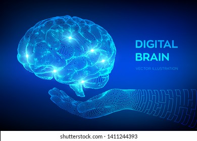 Brain. Digital brain in hand. 3D Science and Technology concept. Neural network. IQ testing, artificial intelligence virtual emulation science technology. Brainstorm think idea. Vector illustration.