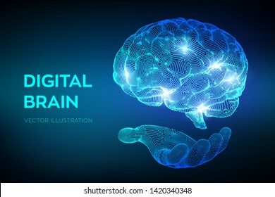 Brain. Digital brain in hand. 3D Science and Technology concept. Neural network. IQ testing, artificial intelligence virtual emulation science technology. Brainstorm think idea. Vector illustration.