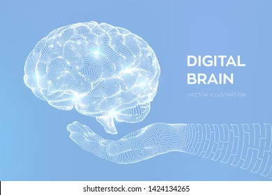Brain. Digital brain in hand. 3D Science and Technology concept. Neural network. IQ testing, artificial intelligence virtual emulation science technology. Brainstorm think idea. Vector illustration.
