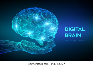 Brain. Digital brain in hand. 3D Science and Technology concept. Neural network. IQ testing, artificial intelligence virtual emulation science technology. Brainstorm think idea. Vector illustration.