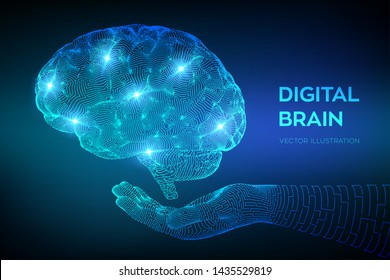 Brain. Digital brain in hand. 3D Science and Technology concept. Neural network. IQ testing, artificial intelligence virtual emulation science technology. Brainstorm think idea. Vector illustration.