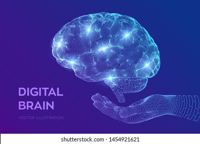 Brain. Digital brain in hand. 3D Science and Technology concept. Neural network. IQ testing, artificial intelligence virtual emulation science technology. Brainstorm think idea. Vector illustration.