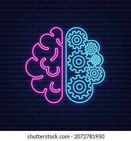 Brain. Digital brain in hand. Neural network. IQ testing. Brainstorm think idea neon sign. Vector stock illustration.