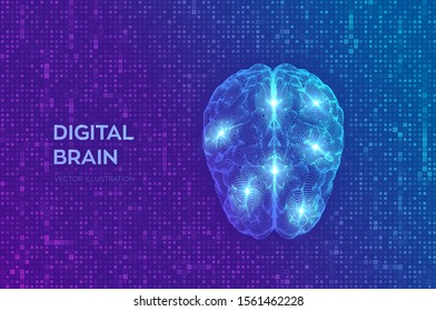 Brain. Digital brain on streaming matrix digital binary code background. 3D Science and Technology concept. Neural network. IQ testing, artificial intelligence virtual emulation. Vector illustration.