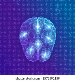 Brain. Digital brain on streaming matrix digital binary code background. 3D Science and Technology concept. Neural network. IQ testing, artificial intelligence virtual emulation. Vector illustration.