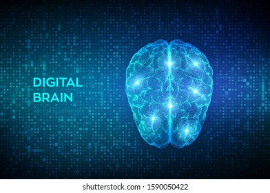 Brain. Digital brain on streaming matrix digital binary code background. 3D Science and Technology concept. Neural network. IQ testing, artificial intelligence virtual emulation. Vector illustration.