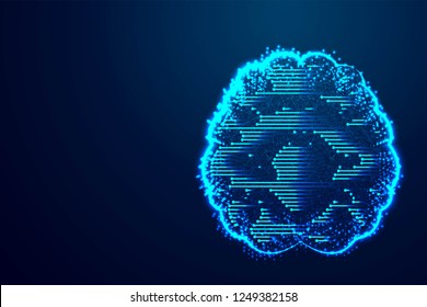 Brain, Digital technology concept, Abstract low poly, Triangle, dot, line, polygon. Shine blue background, Vector illustration
