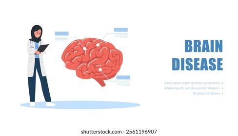 Brain disease concept. Islamic Woman in medical uniform examine huge organ. Neurological therapy. Vector illustration in flat cartoon style.