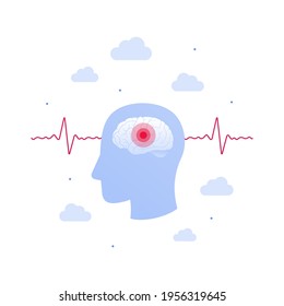 Brain disease concept. Vector flat illustration set. Head silhouette with red stroke symbol dot with heartbeat symbol on background. Health care neurology medical sign. Design element.